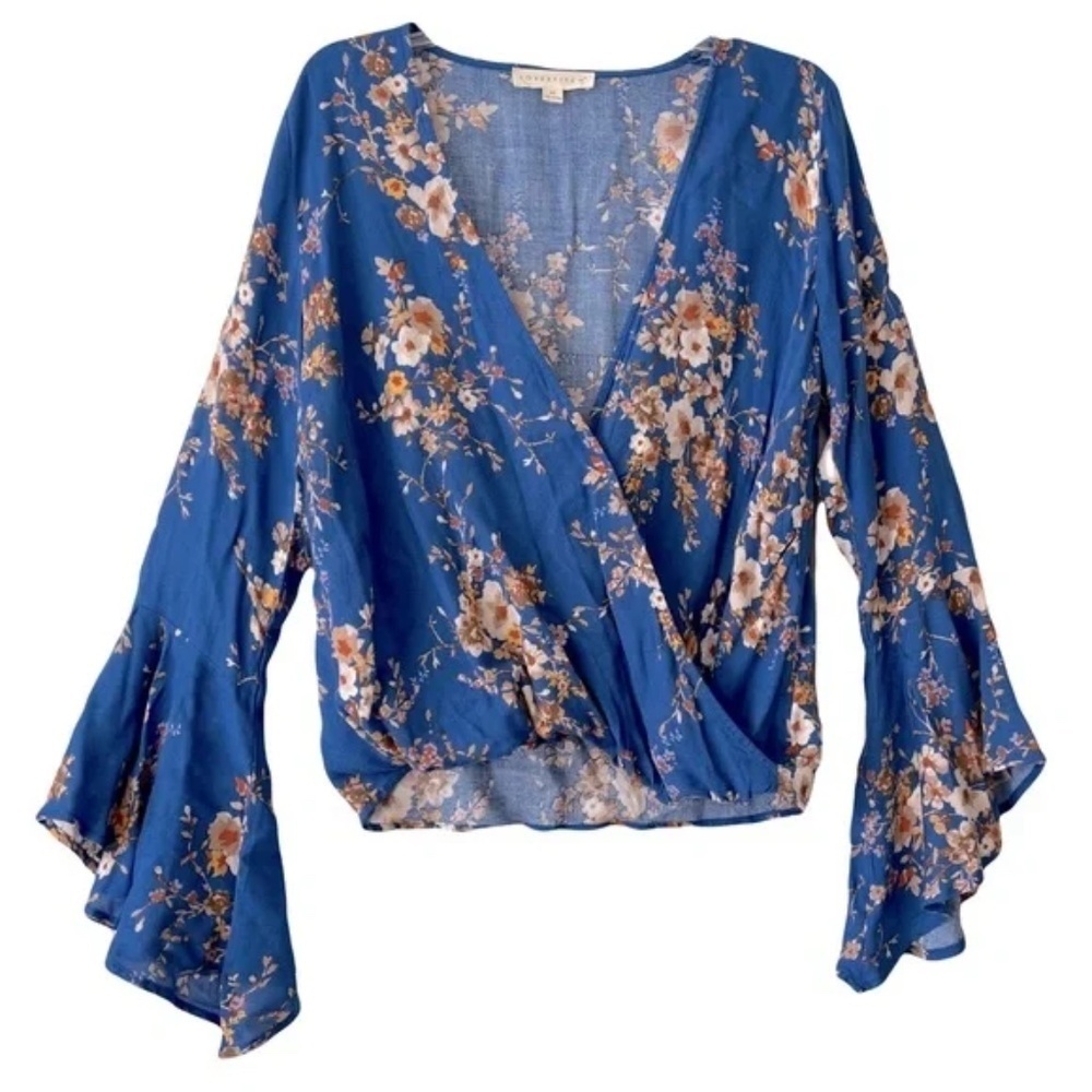 Lovestitch | Boho Blue Floral Surplice Bell Sleeve Bubble Hem Blouse, Medium